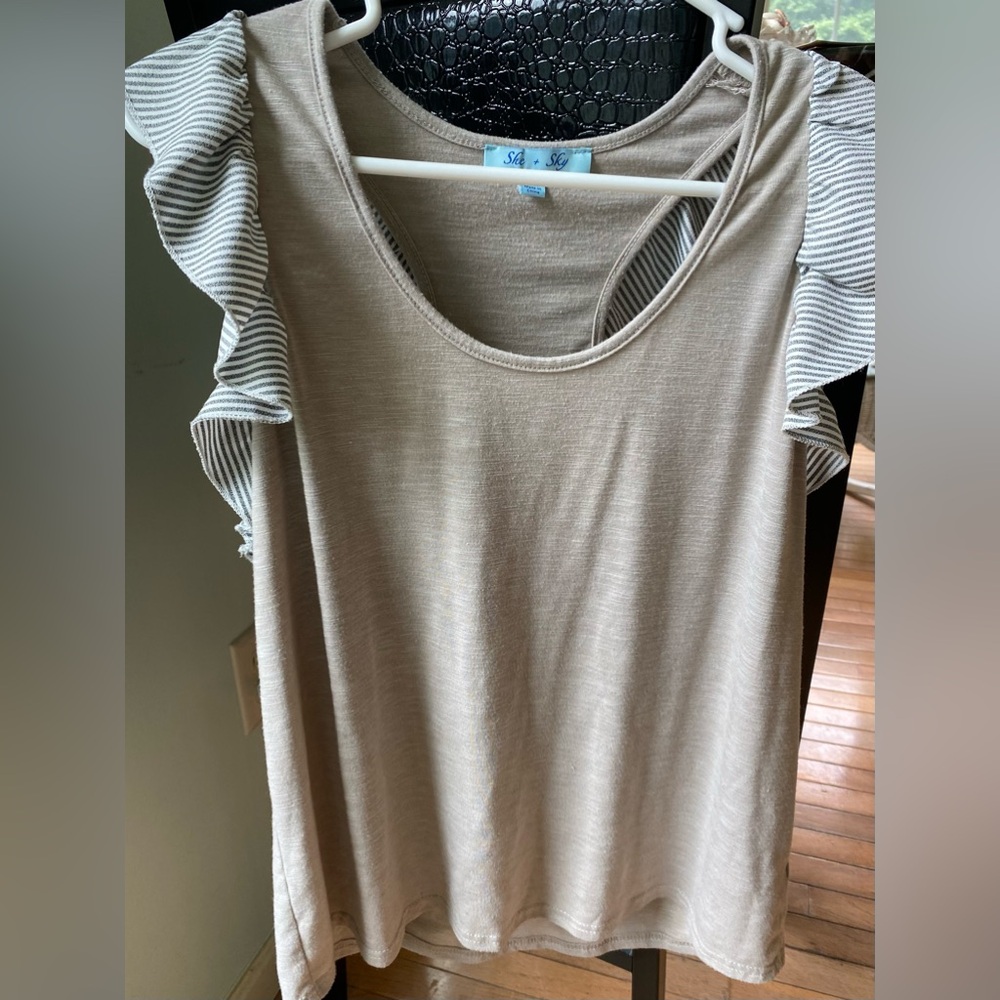 EUC She + Sky tank top with a fluttered cap around the tank sleeve